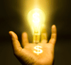 A lightbulb hovering over an open hand with a dollar sign on the palm.