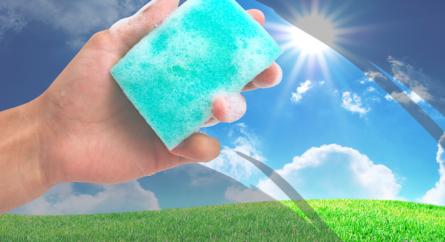 Hand holding a sponge cleaning an image of a sunny rolling hills landscape.