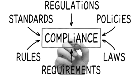 A hand and marker writing the words regulations, standards, policies, compliance, rules, requirements and laws