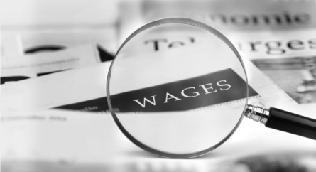 Magnifying glass looking at the word wages typed on a piece of paper