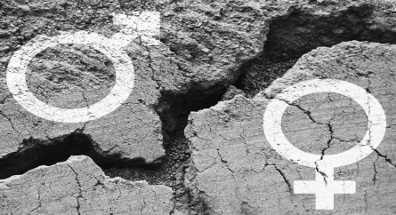 Male and female gender symbols on a cracked concrete surface with a large crack in the middle separating them.