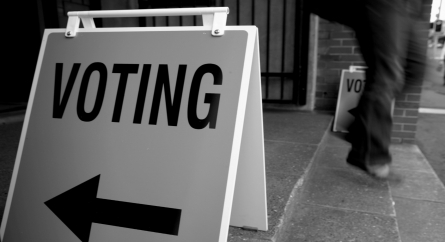 Polling booths voting sign.