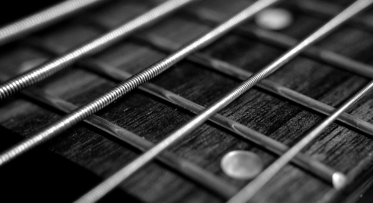 Close-up of a guitar fretboard.
