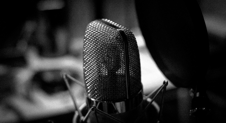 A microphone in a recording studio.