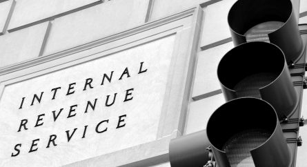 Close-up of the IRS building sign.