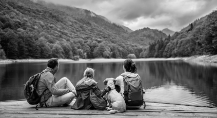 A family and their dog in hiking gear sitting on a dock looking out at a lake and mountains in the distance.