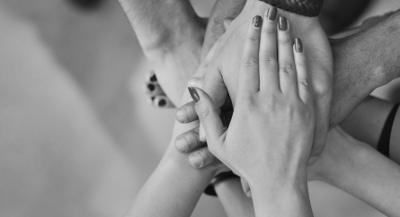 Team with their hands stacked together.