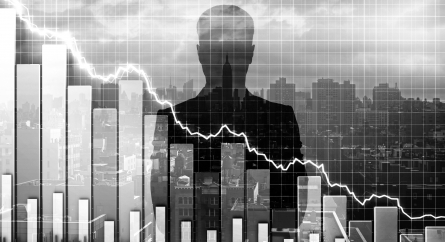 Plunging graph with silhouette of a businessperson and a city skyline behind it.