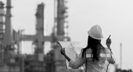 Female construction worker looking at a blueprint while at the construction site.