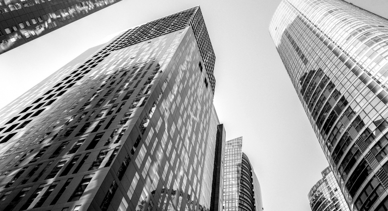 Up shot of skyscrapers.