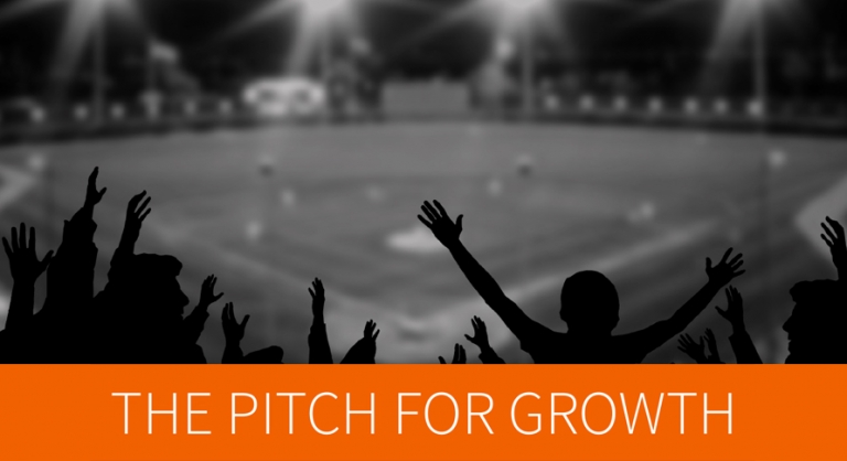 "The Pitch For Growth" graphic of illustrated silhouettes over a blurred image of a baseball stadium.