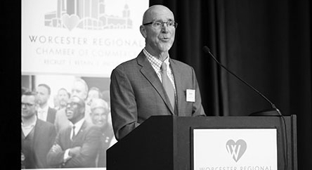 Bob Cox speaking at a Worcester Chamber meeting in 2019.