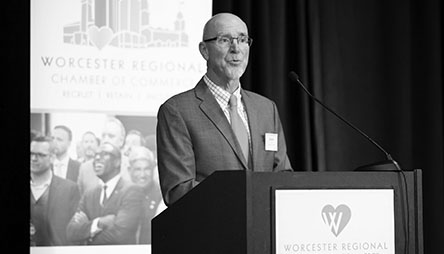 Bob Cox speaking at a Worcester Chamber meeting in 2019.