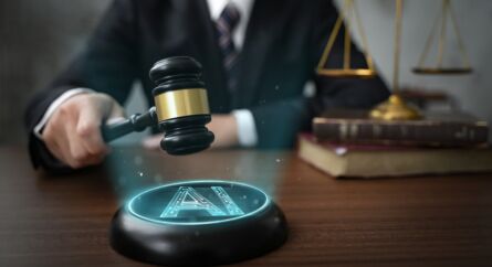 The words AI and the scales of justice and a man in a business suit holding a gavel