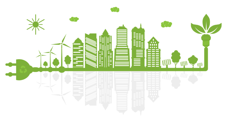 Green City With Renewable Energy Sources. Ecological City With Mirror Reflection. Environment Conservation. Sustainable Development Concept.