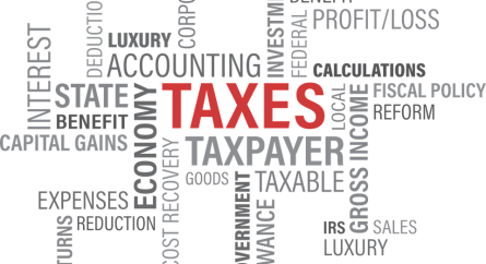 Graphic of words related to Taxes.
